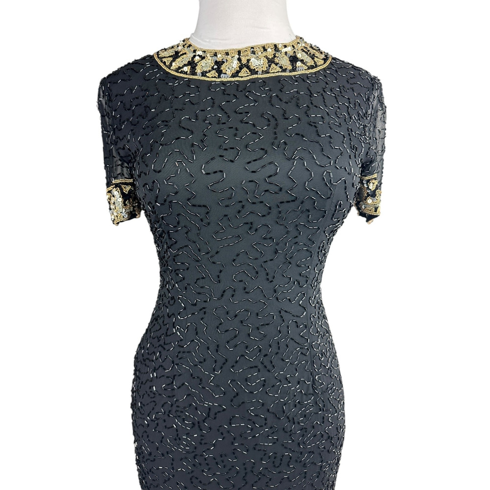 *Flawed A.J. Bari Black Silk Beaded Cocktail Dress Short Sleeve Sequins Size 10 - Picture 3 of 16